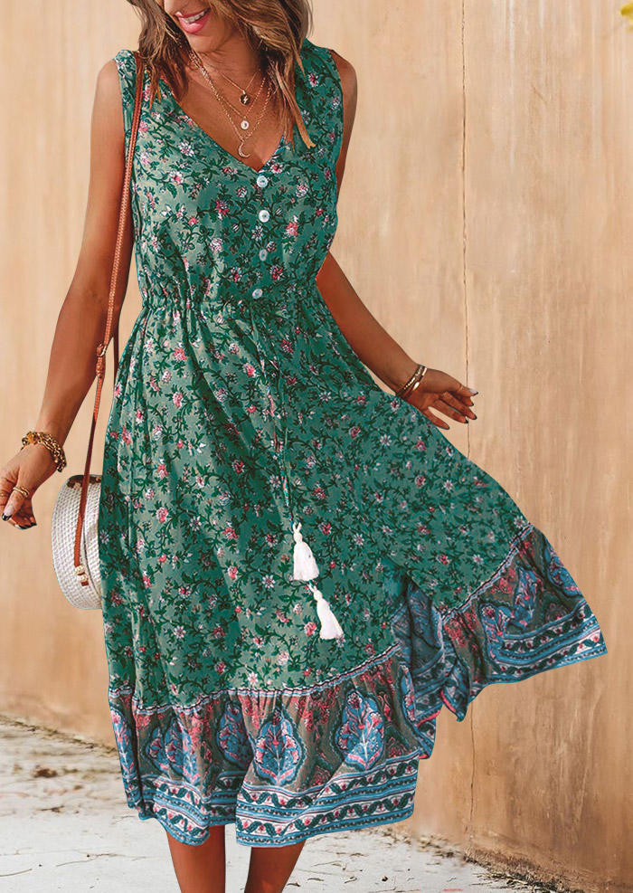 

Floral Tassel Button Slit Sleeveless Midi Dress - Green, 536013