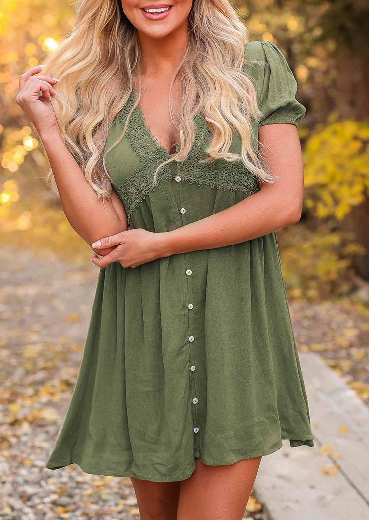 

Lace Button V-Neck Mini Dress - Army Green, SCM001321