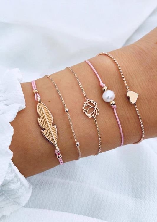 

5Pcs Lotus Heart Beading Bracelet Set, Gold, 533998