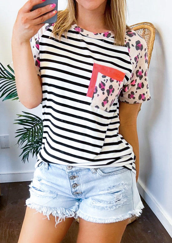 

Leopard Striped Pocket Raglan Sleeve Blouse - White, 534286