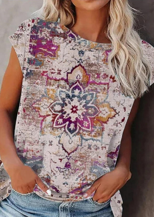 

Mandala Cap Sleeve O-Neck Blouse, Multicolor, 535805