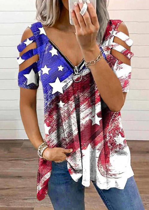 

American Flag Star Zipper Collar Cold Shoulder Blouse, Multicolor, 536131