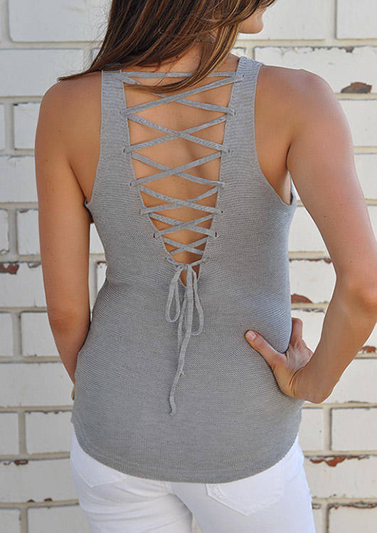 

Lace Up Open Back Casual Tank - Gray, SCM001433