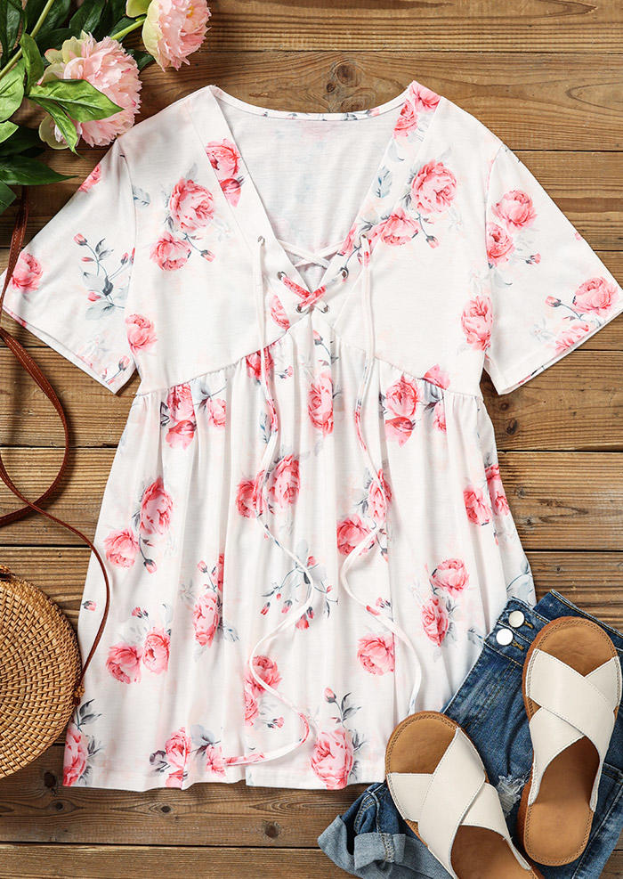 Floral Lace Up Casual Blouse - White