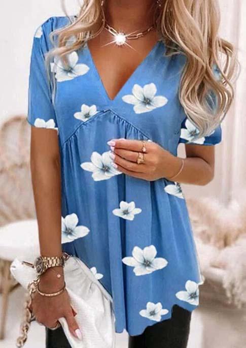 

Floral Ruffled V-Neck Blouse, Blue, SCM001722
