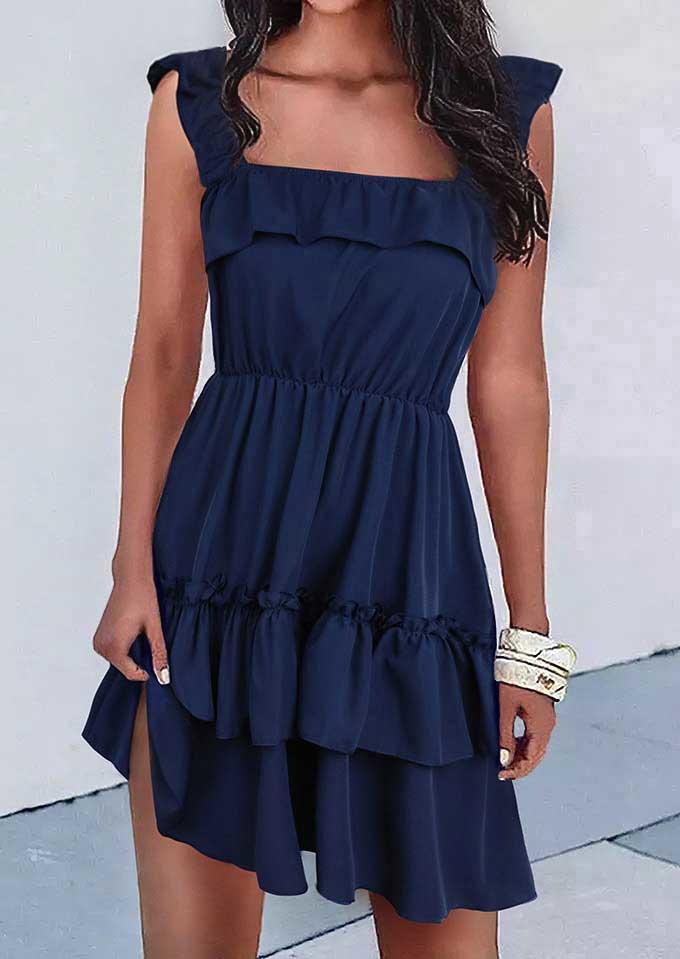 Ruffled Square Collar Mini Dress - Navy Blue, 535341
