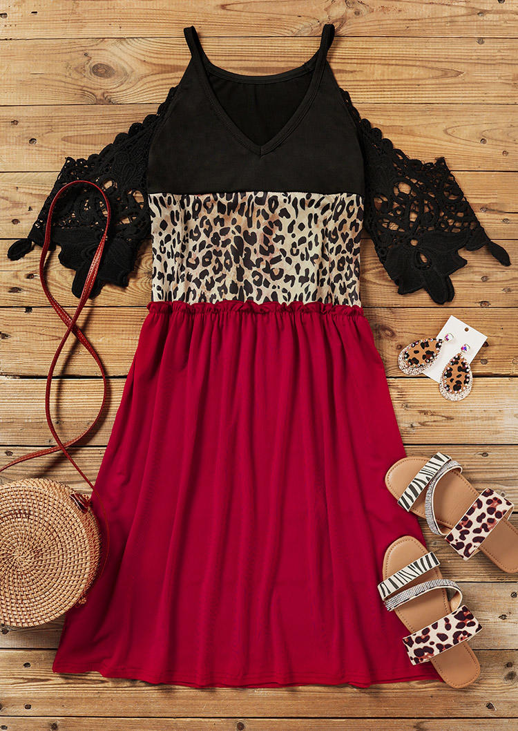 Lace Leopard Color Block Ruffled Mini Dress