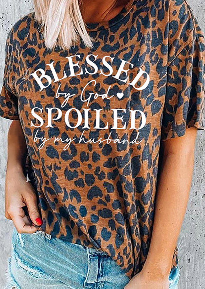 Blessed By God Spoiled By My Husband Leopard T-Shirt Tee - Brown