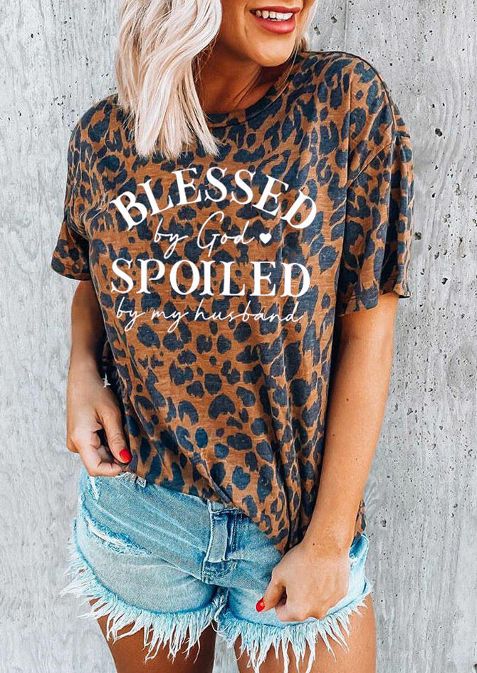 

Blessed By God Spoiled By My Husband Leopard T-Shirt Tee - Brown, SCM001606