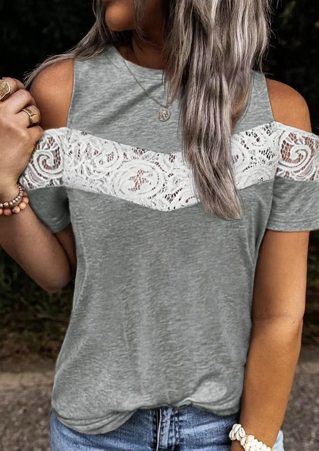 

Lace Splicing Cold Shoulder Blouse - Gray, SCM001670