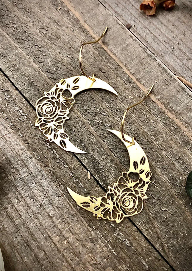 

Moon Rose Hollow Out Alloy Earrings, Gold, SCM001703
