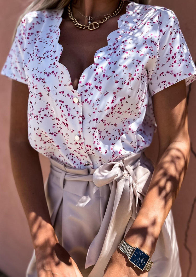 

Floral Button Scallop Collar Short Sleeve Shirt - White, SCM001787