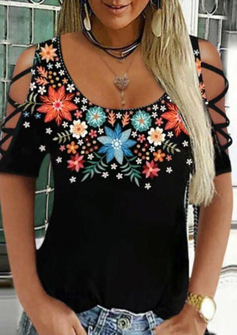 

Floral Criss-Cross Hollow Out Blouse - Black, SCM001906