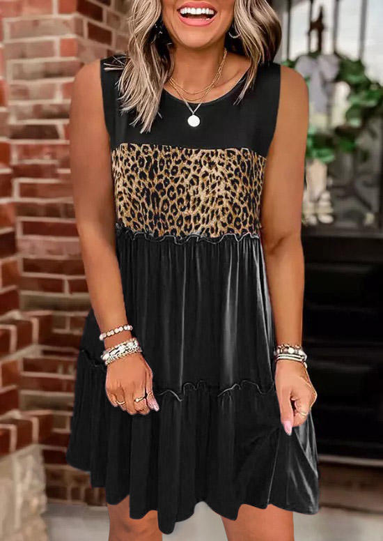 Leopard Color Block Ruffled Mini Dress - Black