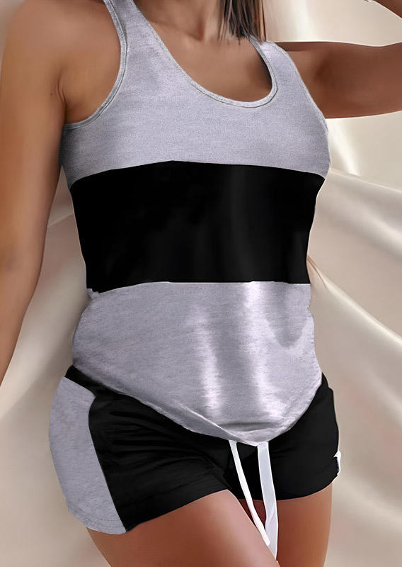 

Color Block Drawstring Tank And Pocket Shorts Two-Piece Set - Gray, 535669