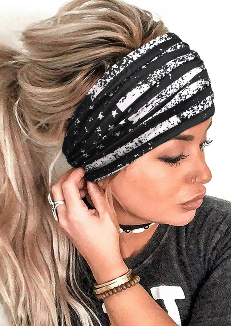 

American Flag Elastic Sports Wide Headband, Black, SCM001679
