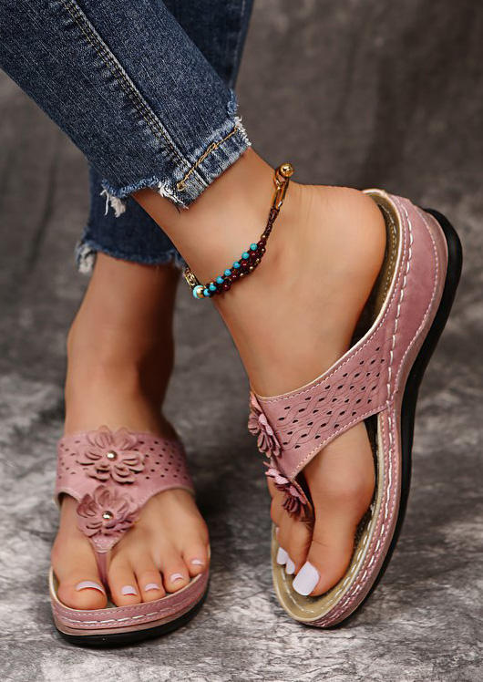 

Floral Hollow Out Wedge Flip Flops Slippers - Pink, SCM001741