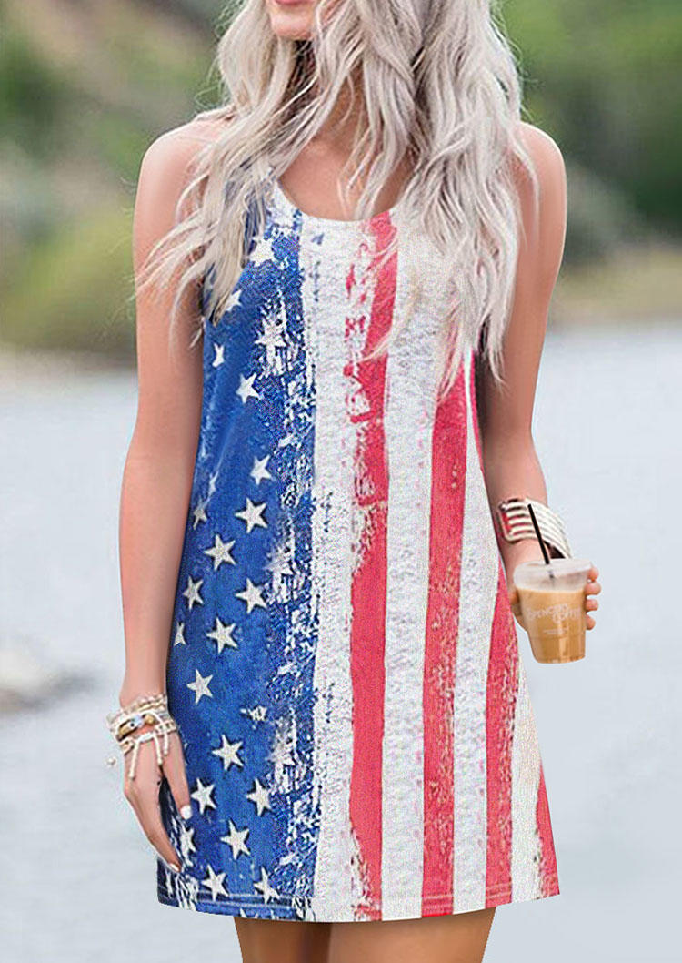 

American Flag Sleeveless Casual Mini Dress, Multicolor, SCM001808