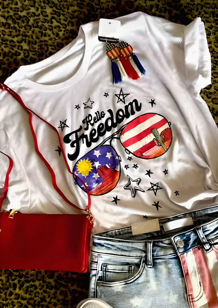 Hello Freedom American Flag Star Sun T-Shirt Tee - White