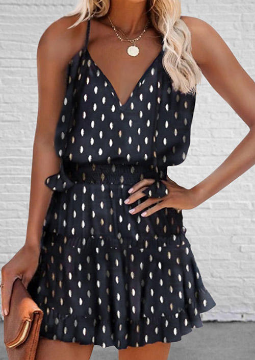 

Polka Dot Ruffled Spaghetti Strap Mini Dress - Navy Blue, 536182