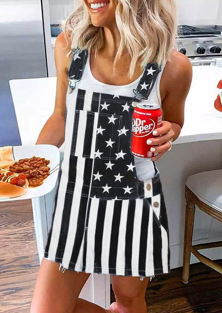 American Flag Star Striped Pocket Overall Mini Dress