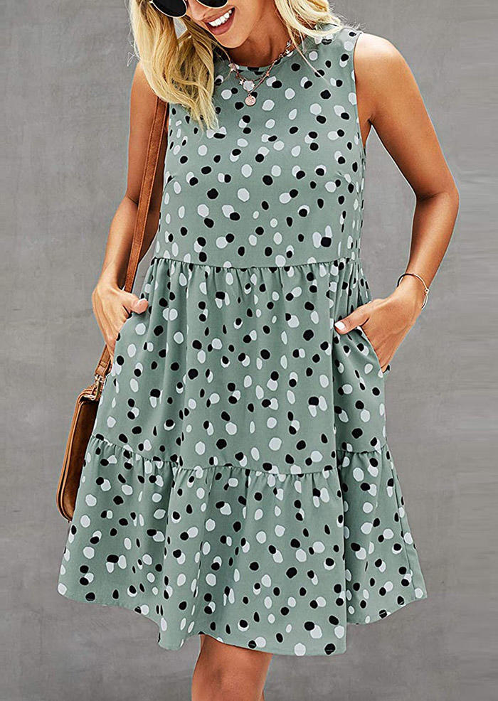 

Polka Dot Ruffled Pocket Sleeveless Mini Dress - Green, 536329