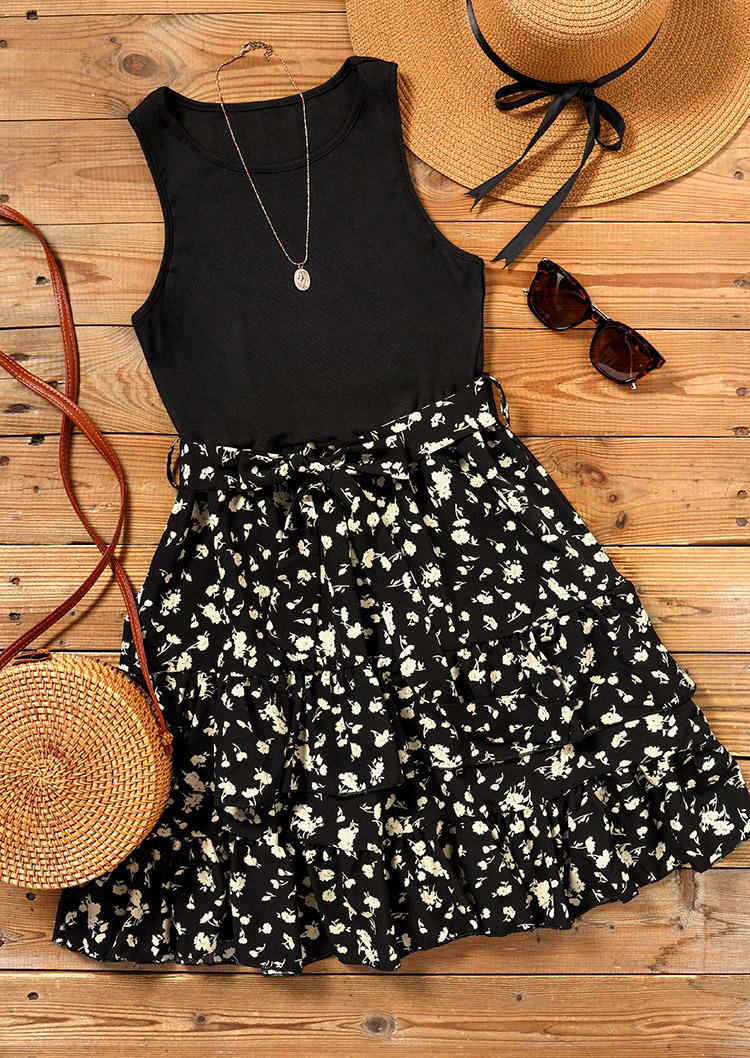 Floral Sleeveless Mini Dress - Black