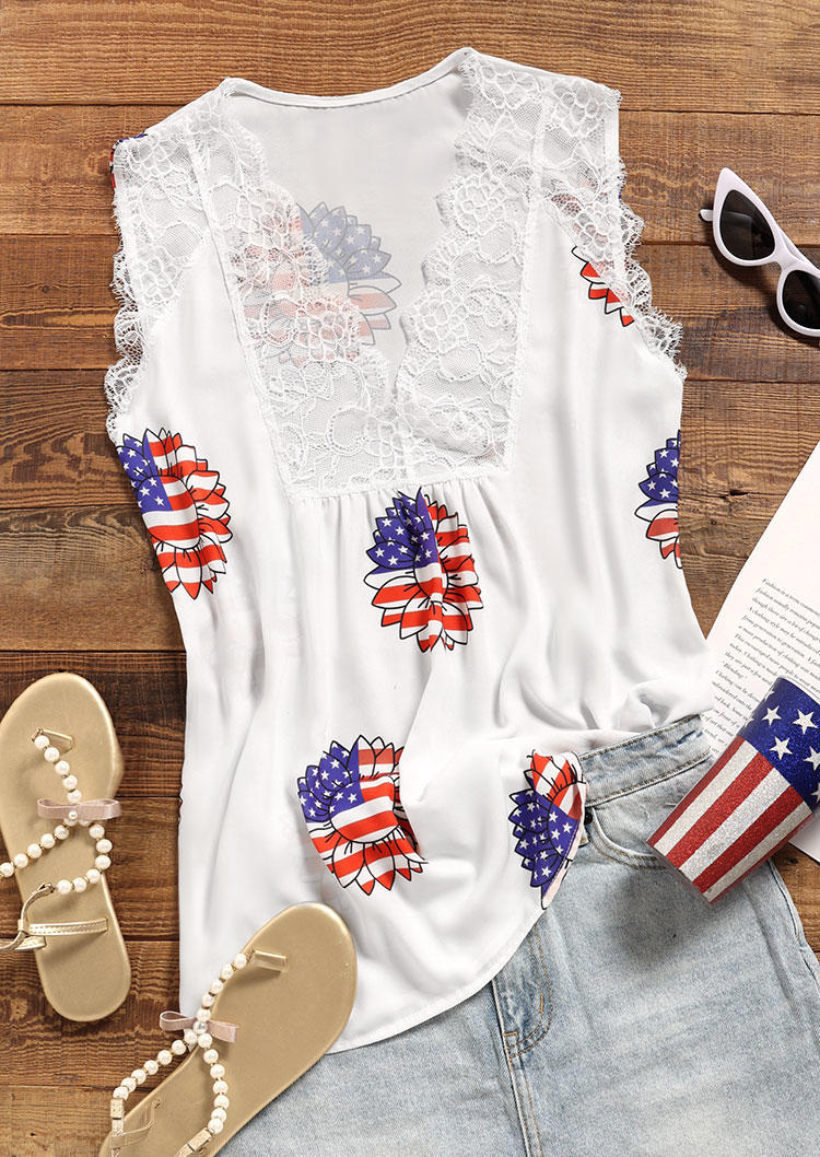 Lace Splicing American Flag Sunflower Tank - White