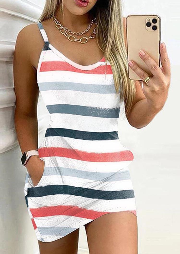 Colorful Striped Pocket Sleeveless Mini Dress