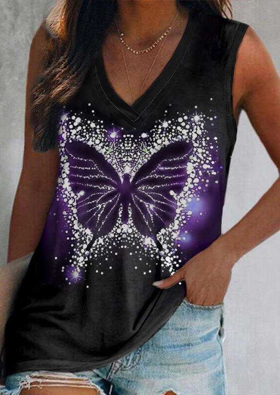 

Butterfly V-Neck Casual Tank - Black, 534366