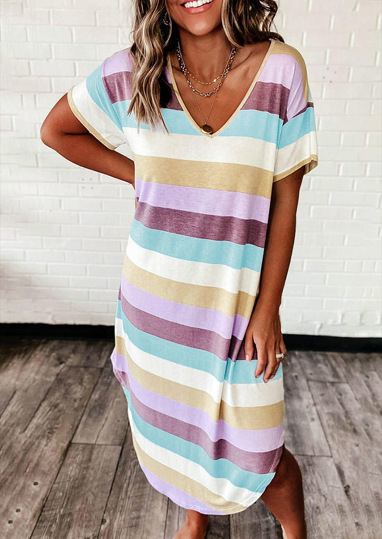 

Colorful Striped Slit V-Neck Midi Dress, Multicolor, 536378