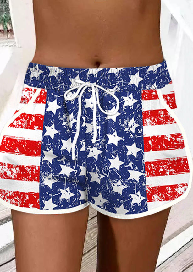 American Flag Pocket Drawstring Shorts - Blue