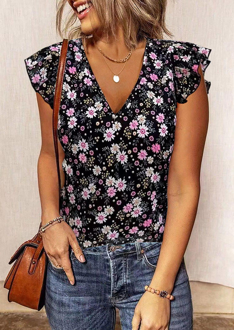 

Floral V-Neck Cap Sleeve Blouse - Black, SCM001723