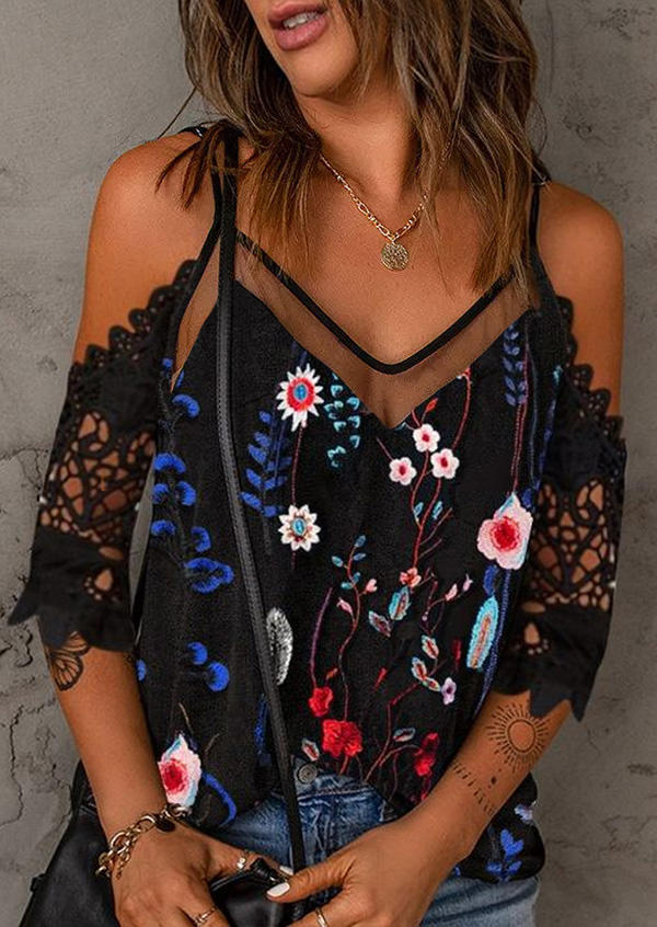 

Mesh Lace Splicing Floral Cold Shoulder Blouse - Black, SCM001907