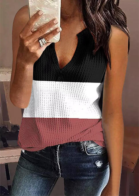 

Color Block Notched Neck Waffle Casual Tank, Multicolor, SCM001973