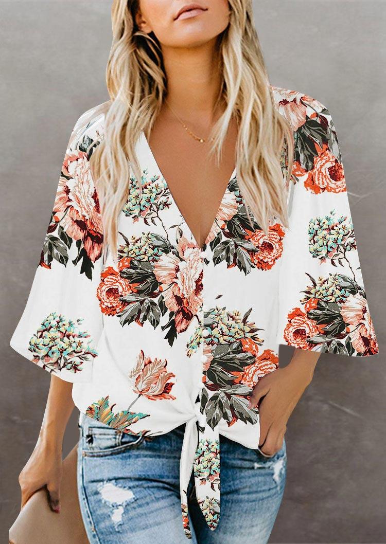 

Floral Tie Button V-Neck Blouse - White, 535334