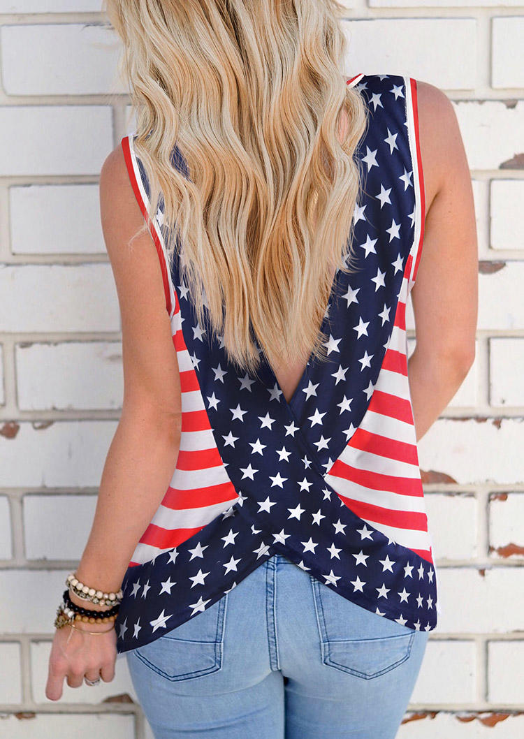 

American Flag Star Criss-Cross Open Back Tank, Multicolor, SCM001642