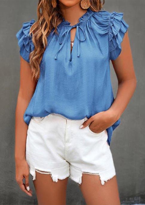 

Ruffled Tie Cap Sleeve Casual Blouse - Blue, SCM001698