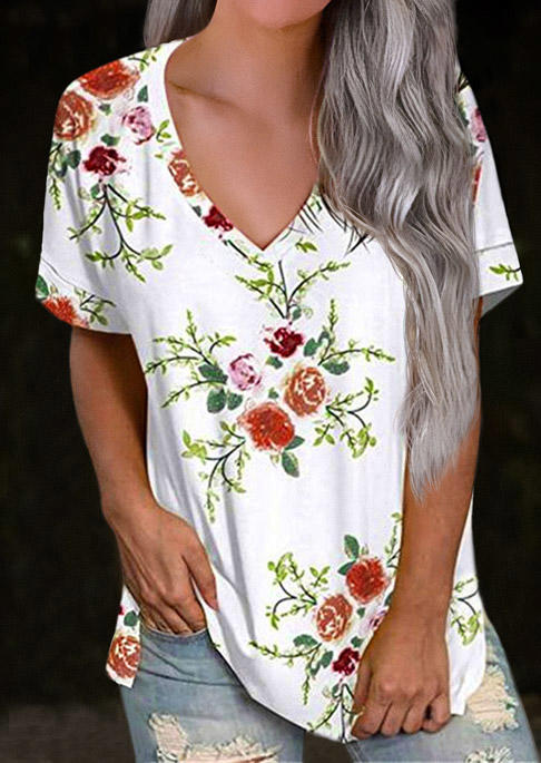 

Floral V-Neck Short Sleeve Blouse - White, SCM001718