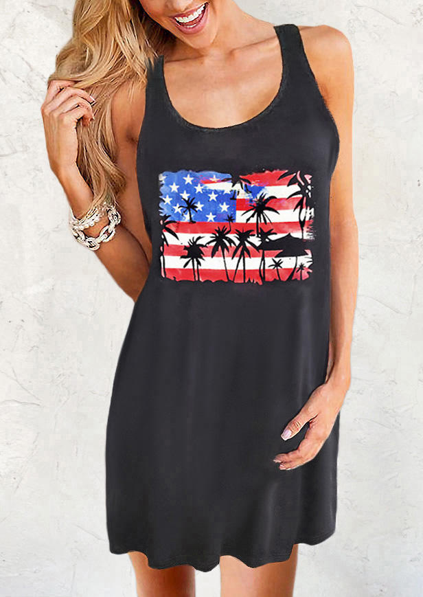 

American Flag Coconut Tree Sleeveless Mini Dress - Black, SCM001755