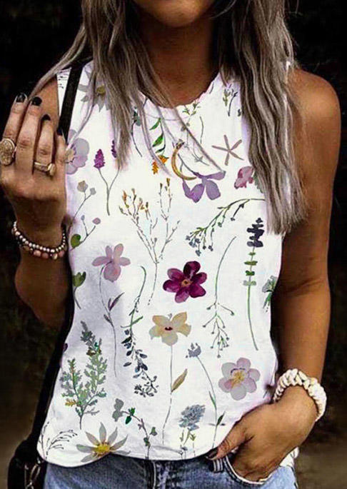 

Floral O-Neck Casual Tank - White, SCM001771