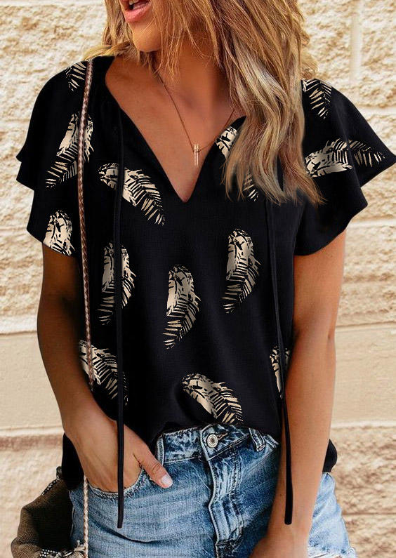 

Palm Leaf Ruffled Tie V-Neck Blouse - Black, SCM001854