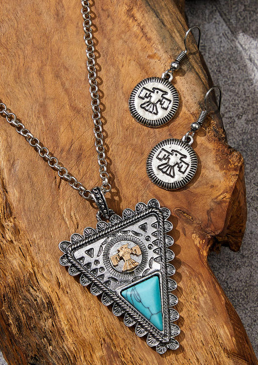 

3Pcs Turquoise Pendant Necklace And Thunderbird Earrings Set, Silver, SCM002076