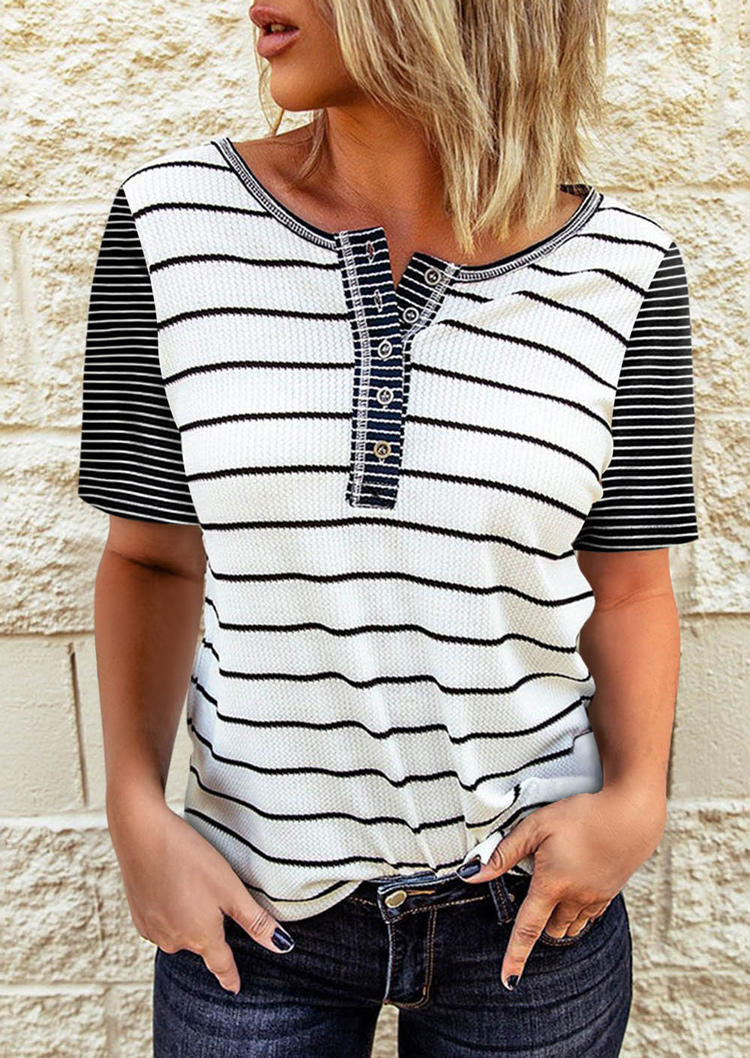 

Striped Button Short Sleeve Blouse, Multicolor, SCM002217
