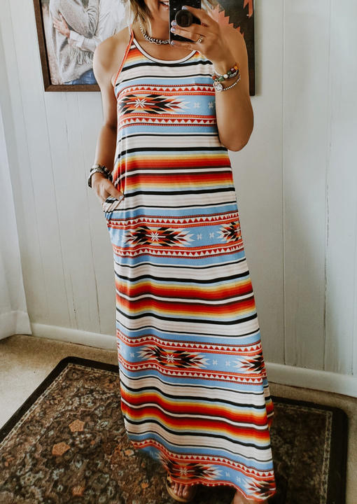 

Aztec Geometric Striped Pocket Spaghetti Strap Maxi Dress, Multicolor, SCM002240