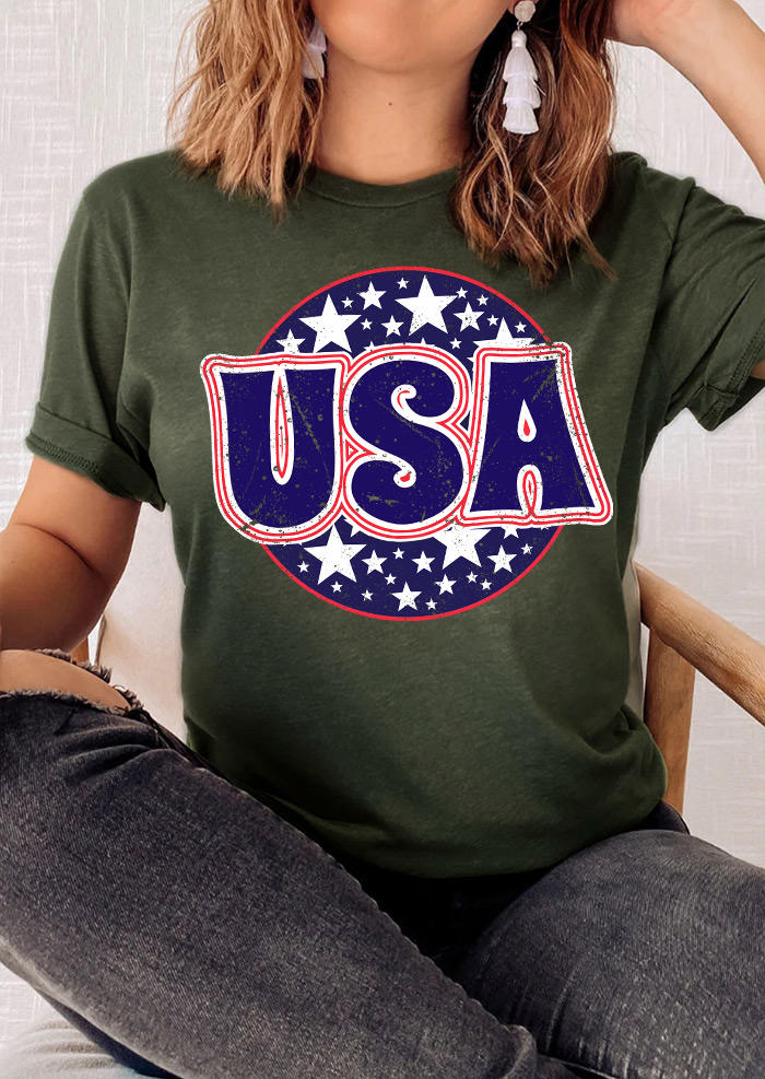 USA Star O-Neck T-Shirt Tee - Army Green