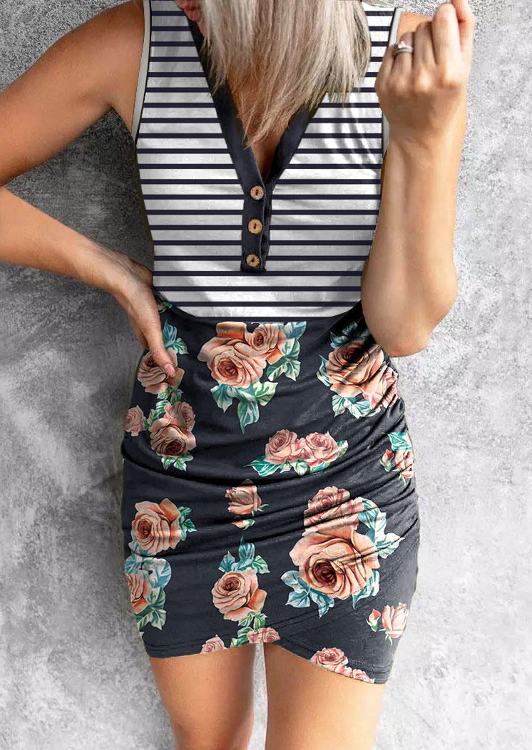 

Striped Floral Ruched Button Bodycon Dress, Multicolor, SCM001276