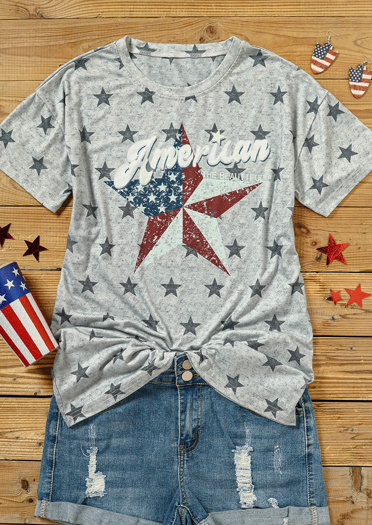 American Flag Star Short Sleeve T-Shirt Tee - Light Grey