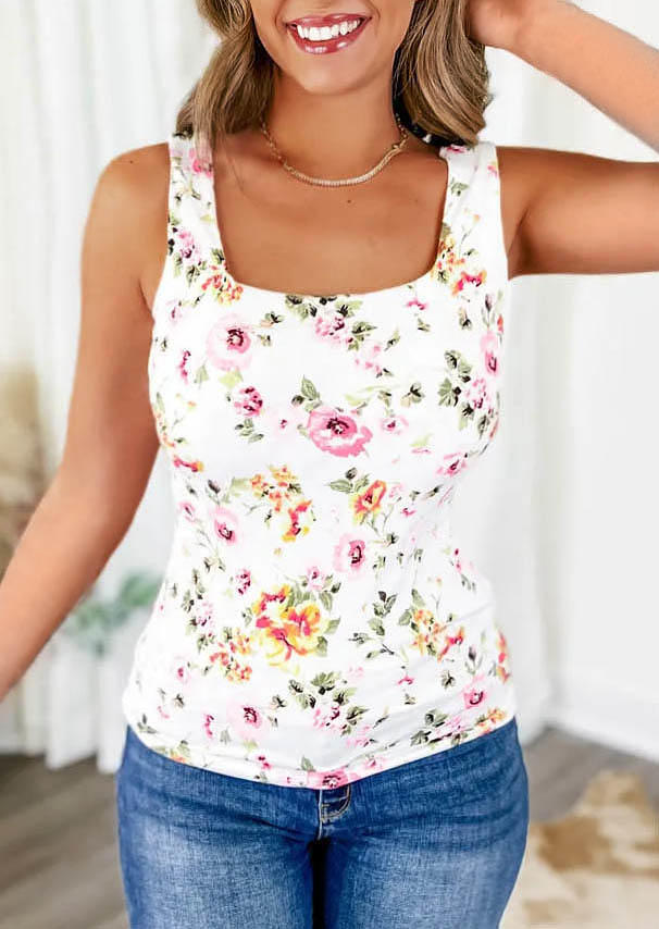 

Floral Square Collar Tank - White, SCM001439