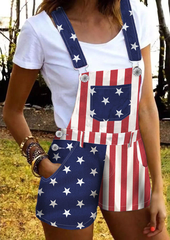 

American Flag Pocket Overall Romper - Blue, SCM001632